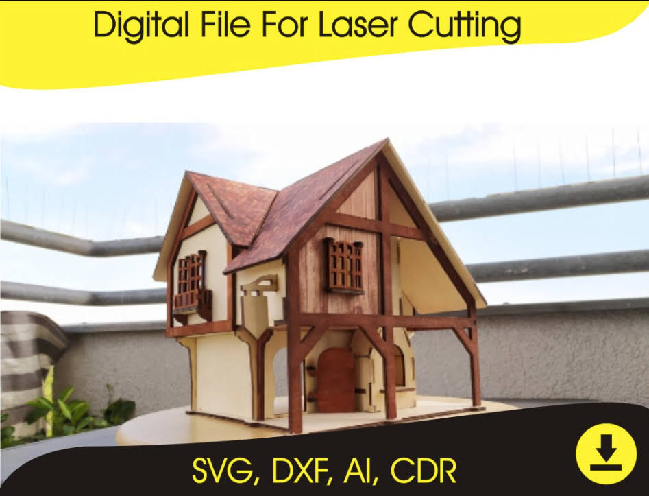 Model House 3D Puzzle - Laser Cut Files SVG, DXF, CDR Vector Plans Files Instant Download Laser Cut
